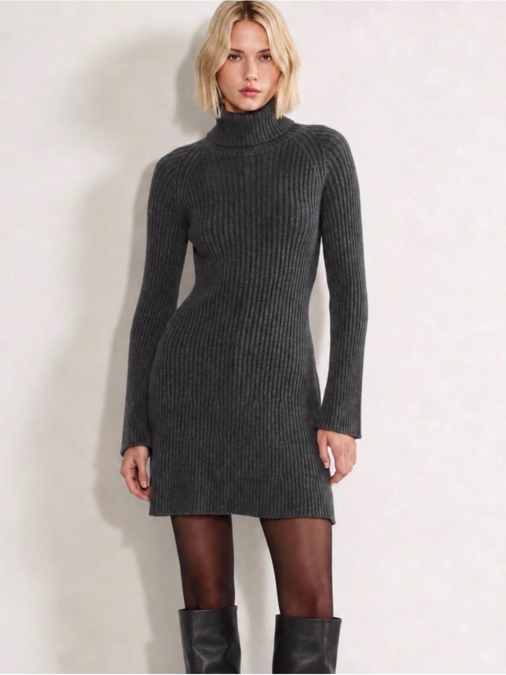 Aritzia SUNDAY BEST Rhapsody Cashmere Grey Ribbed Funnel Neck Mini Dress Size S